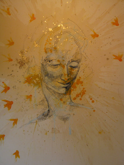 "Maria", 2013. Pen, Ink, Chalk, Coffee, Gilding on Board. 59.4cm x 84.1cm    Sold