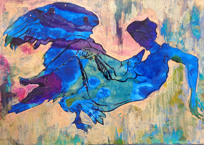 Leda in Copper, 2015.
Ink, pure Turquoise and Lapis Lazuli pigment on Board. 29cm x 21 cm,
​Sold