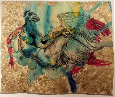 Leda in Blue. 2013.
Pen and Ink, Gilding and Coffee on Board.  
Sold