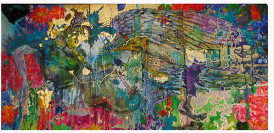 "Leda and the Swan ", 2013.
Pen, Ink, Coffee, Watercolour, Gilding on Board. 252.2cm x 178.3cm   Sold.