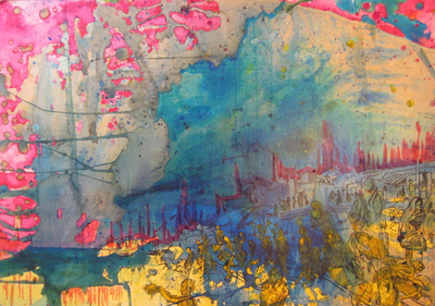 ​Ganges, 2013. Sold.
Pen, Ink, Gouache and Coffee on Board. 84.1cm x 59.4cm